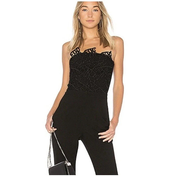 Rebecca Vallance Sophia Crepe 3D Lace Trim Strapless Jumpsuit Straight Leg Black - Picture 2 of 13